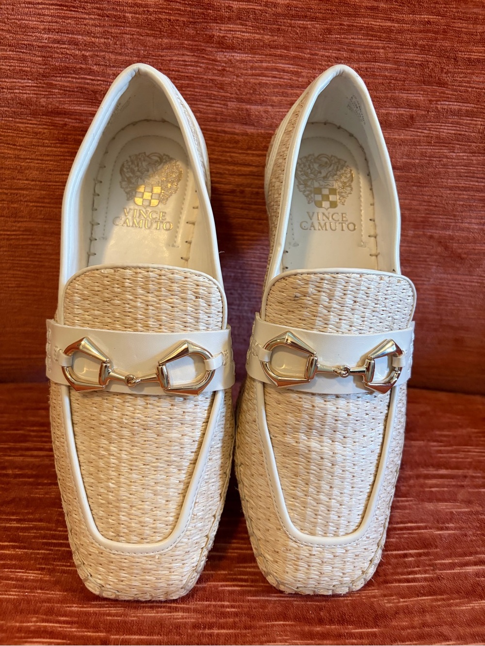 Vince Camuto Cream Woven Loafers with Gold Horsebit